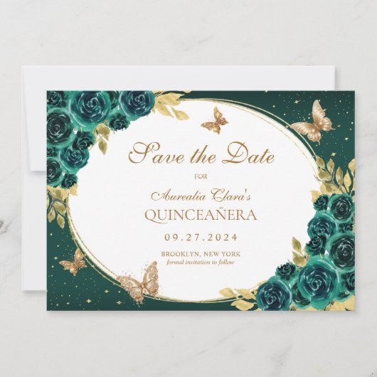 Bloemen Emerald Gold Tiara Vlinder Quinceañera Save The Date (Voorkant)