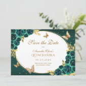 Bloemen Emerald Gold Tiara Vlinder Quinceañera Save The Date (Staand voorkant)