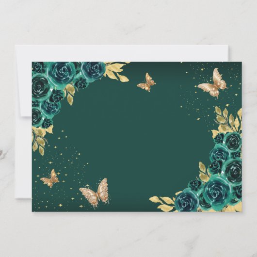 Bloemen Emerald Gold Tiara Vlinder Quinceañera Save The Date (Achterkant)