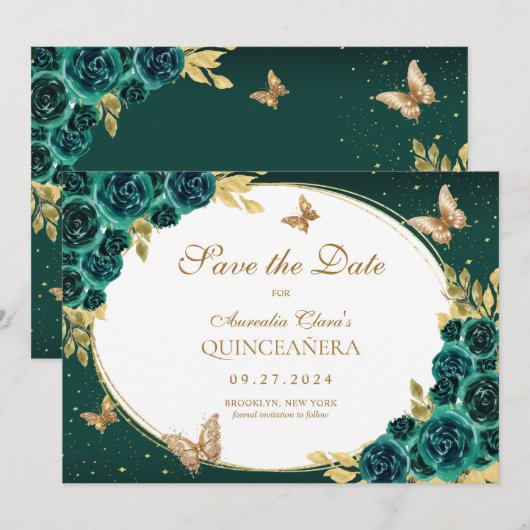 Bloemen Emerald Gold Tiara Vlinder Quinceañera Save The Date (Voorkant / Achterkant)