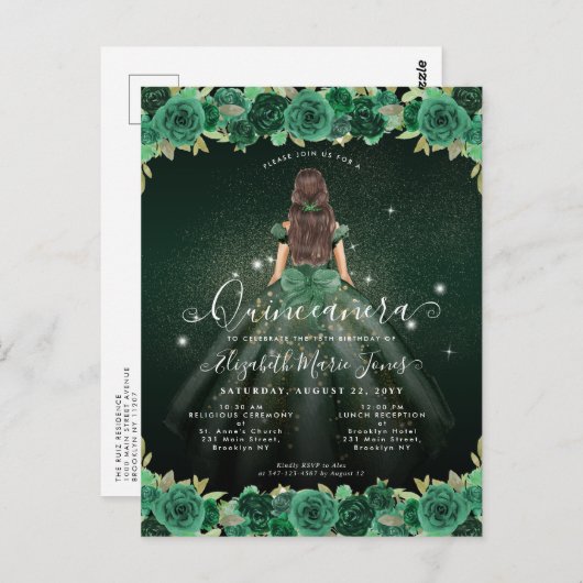 Bloemen Emerald Green Sparkle Verjaardag Quinceane Briefkaart (Voorkant / Achterkant)