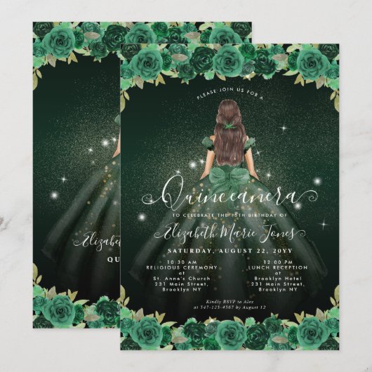 Bloemen Emerald Green Sparkle Verjaardag Quinceane Kaart (Voorkant / Achterkant)