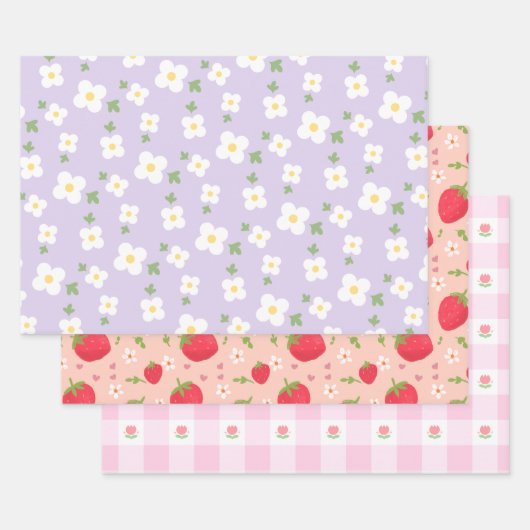Bloemen en Aardbei Girly en Schattige Patroon Inpakpapier Vel (Set)