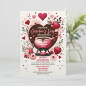 Bloemen en aardbeien Galentine's Fondue Party Kaart (Staand voorkant)