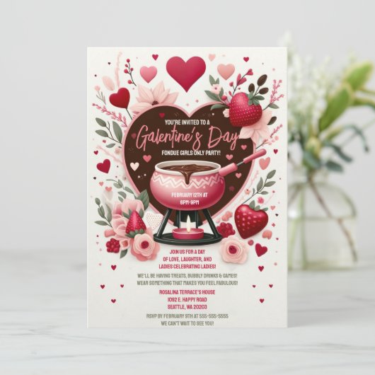 Bloemen en aardbeien Galentine's Fondue Party Kaart (Staand voorkant)