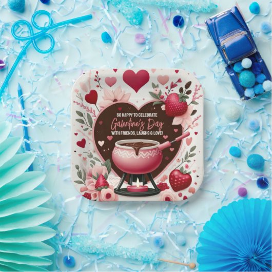 Bloemen en aardbeien Galentine's Fondue Party Papieren Bordje (Feest)