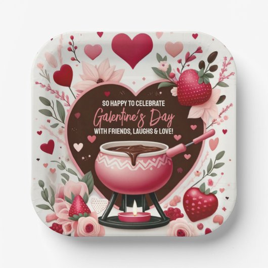 Bloemen en aardbeien Galentine's Fondue Party Papieren Bordje (Voorkant)
