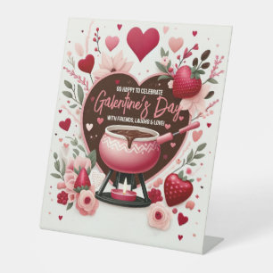 Bloemen en aardbeien Galentine's Fondue Party Reclamebord Met Voetstuk