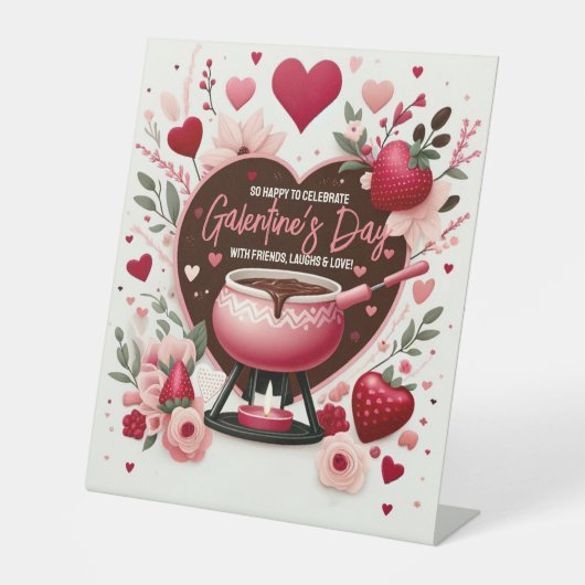 Bloemen en aardbeien Galentine's Fondue Party Reclamebord Met Voetstuk (Voorkant)