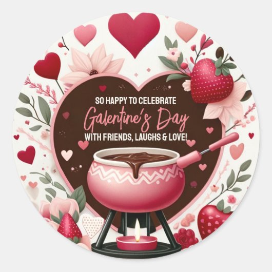 Bloemen en aardbeien Galentine's Fondue Party Ronde Sticker (Voorkant)