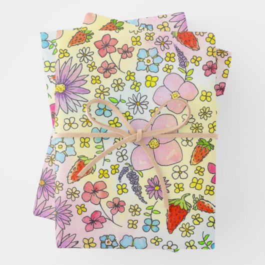 Bloemen en aardbeien Verpakkingspapier Inpakpapier Vel (In situ)