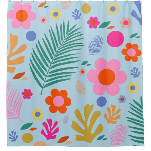 Bloemen en bladeren 03 blauw en roze douchegordijn (Voorkant)