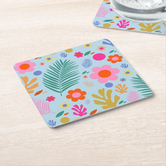 Bloemen en bladeren 03 blauw en roze kartonnen onderzetters (Schuin)