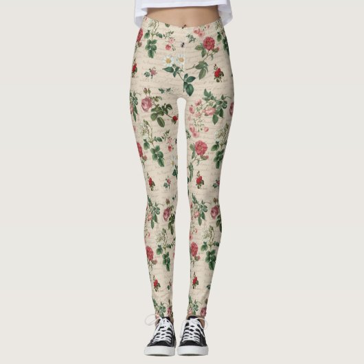 Bloemen en bladeren beige achtergrond leggings (Voorkant)