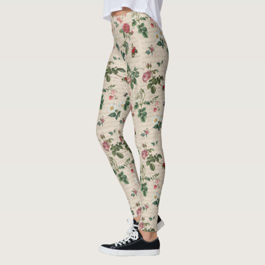 Bloemen en bladeren beige achtergrond leggings (Links)