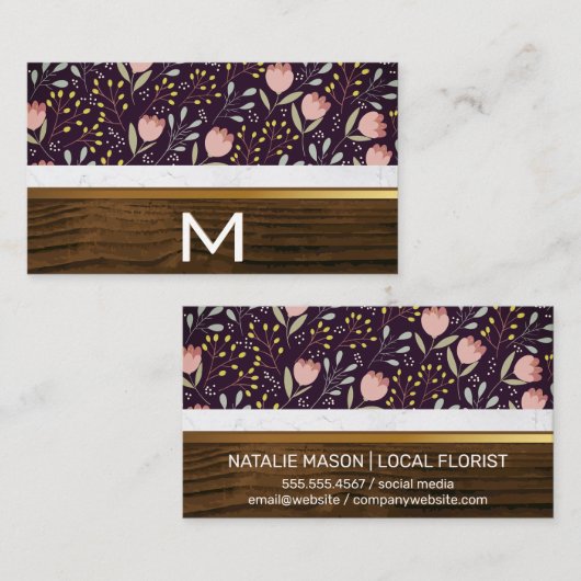 Bloemen en bladeren Decoratief | Hout en marmer Visitekaartje (Voorkant / Achterkant)