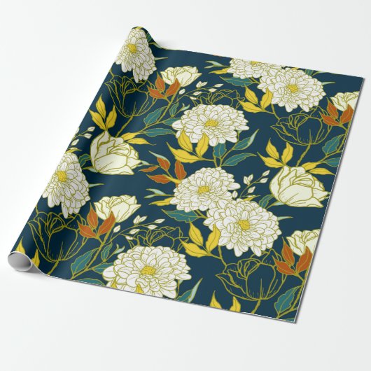 Bloemen en bladpatroon cadeaupapier (Uitgerold)
