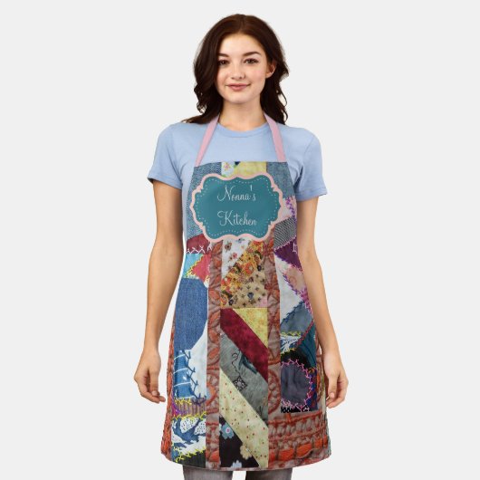 Bloemen en Blauw Patchwork Quilt Schort (Gedragen)