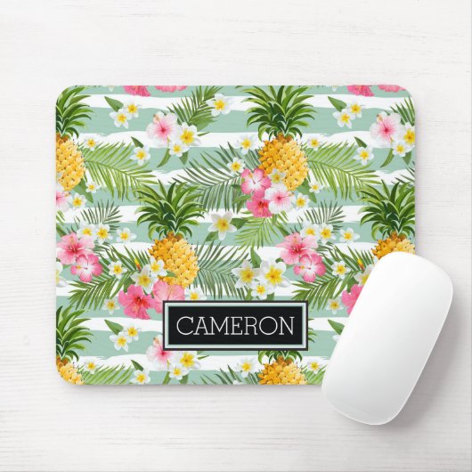 Bloemen en Blauwgroen strepen voor ananas | Jouw n Muismat (Met muis)