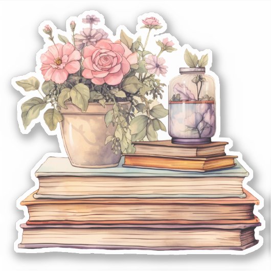 Bloemen en boeken Pastel Waterverf Sticker (Voorkant)