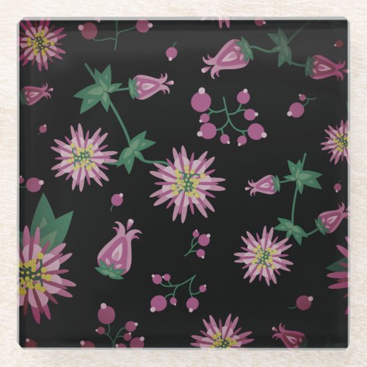 Bloemen en bosbessen glazen onderzetter (Voorkant)