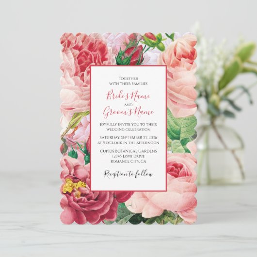  bloemen en botanische roze rozen bruiloft vi kaart (Staand voorkant)