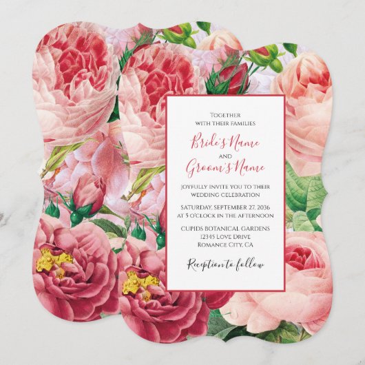 bloemen en botanische roze rozen bruiloft vi kaart (Voorkant / Achterkant)