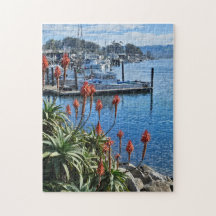 Bloemen en boten aan de kust