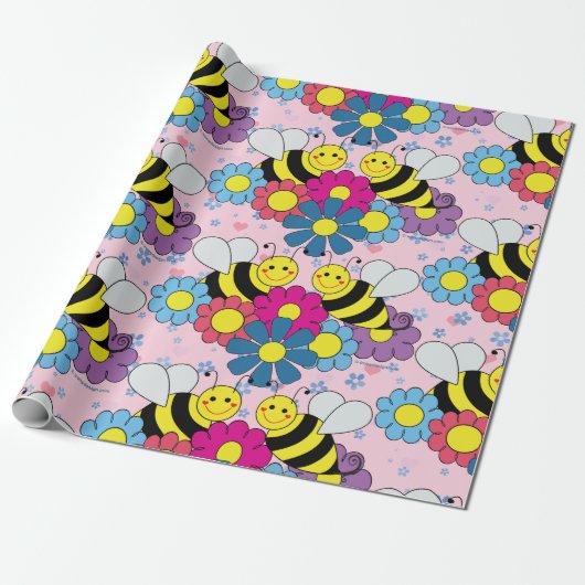 Bloemen en Bumble Bees Cadeaupapier (Uitgerold)