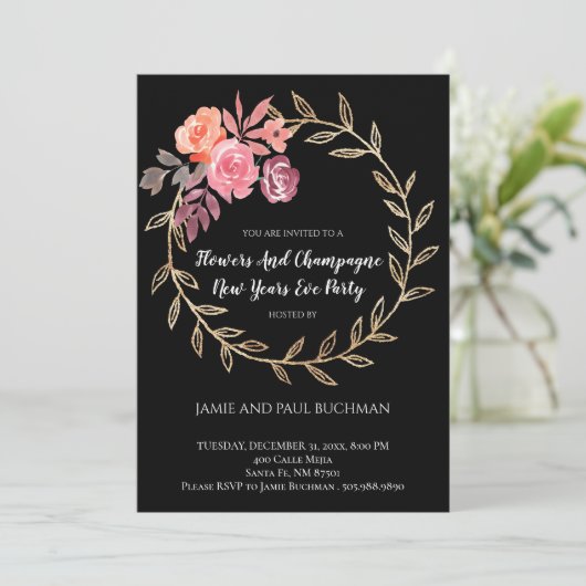 Bloemen en champagne - nieuwjaarsfeest kaart (Staand voorkant)