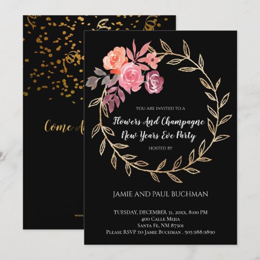 Bloemen en champagne - nieuwjaarsfeest kaart (Voorkant / Achterkant)