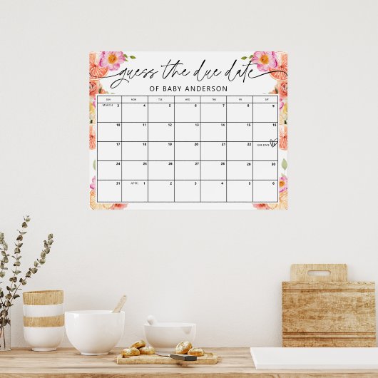 Bloemen en Citrus Baby shower Vervaldatum Guess Ga Poster (Keuken)