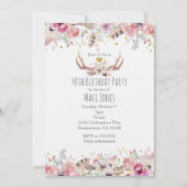 Bloemen en deer Antlers Birthday Party Invitations Kaart (Voorkant)
