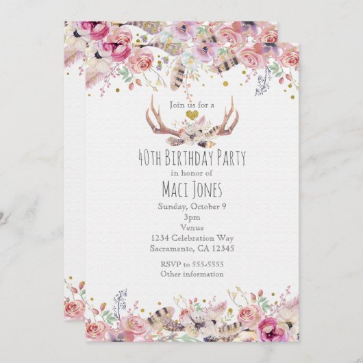 Bloemen en deer Antlers Birthday Party Invitations Kaart (Voorkant / Achterkant)