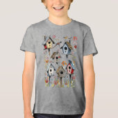 Bloemen- en dierenprint patchwork vogelhuisjes Tri-Blend shirt (Voorkant)