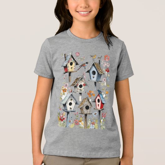 Bloemen- en dierenprint patchwork vogelhuisjes Tri-Blend shirt (Voorkant)