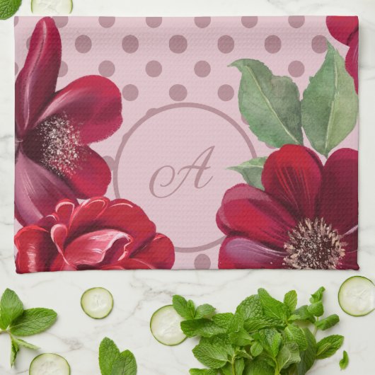 Bloemen en Dot Monogram Keukenhanddoek (Gevouwen)
