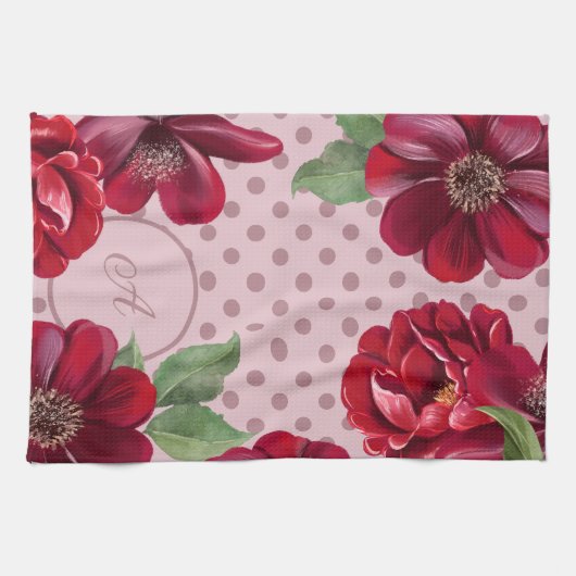Bloemen en Dot Monogram Keukenhanddoek (Horizontaal)