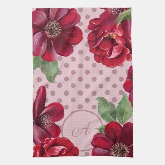 Bloemen en Dot Monogram Keukenhanddoek (Verticaal)