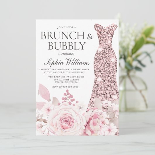 Bloemen en dress-Vrijgezellenfeest Brunch & Bubble Kaart (Staand voorkant)