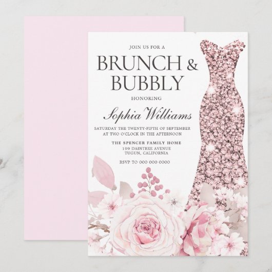 Bloemen en dress-Vrijgezellenfeest Brunch & Bubble Kaart (Voorkant / Achterkant)