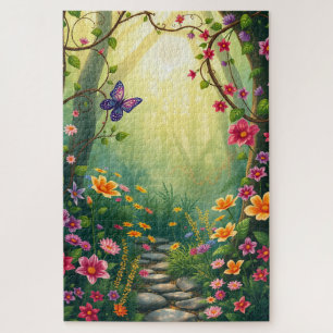 Bloemen en een vlinder in een betoverd regenwoud legpuzzel