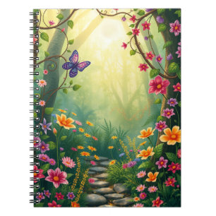 Bloemen en een vlinder in een betoverd regenwoud notitieboek