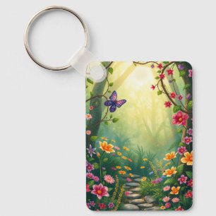 Bloemen en een vlinder in een betoverd regenwoud sleutelhanger