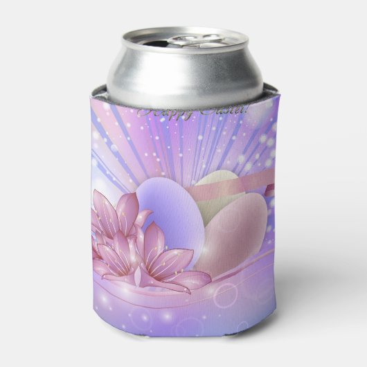 Bloemen en eieren op een kleurrijke pastelachtergr blikjeskoeler (Blikje Voorkant)