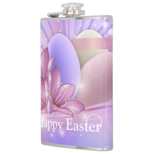 Bloemen en eieren op een kleurrijke pastelachtergr heupfles (Links)