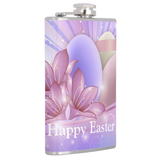 Bloemen en eieren op een kleurrijke pastelachtergr heupfles (Rechts)