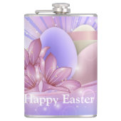 Bloemen en eieren op een kleurrijke pastelachtergr heupfles (Voorkant)