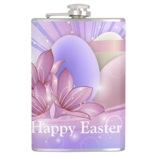 Bloemen en eieren op een kleurrijke pastelachtergr heupfles (Voorkant)