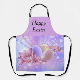 Bloemen en eieren op een kleurrijke pastelachtergr schort